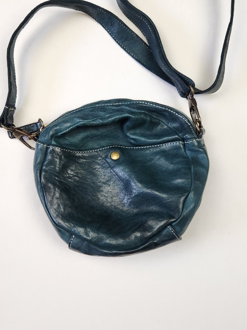 Sundance Woven Leather Round Crossbody Purse Bag Dark Teal Blue - Picture 3 of 9